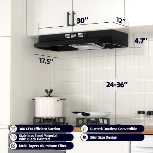 FIREGAS Black Range Hood 30 inch Under Cabinet, Ducted/Ductless Convertible Kitchen Hood, Stainless Steel Stove Vent Hood with 2 Speed Exhaust Fan, Rocker Button Control, 300 CFM Powerful Suction