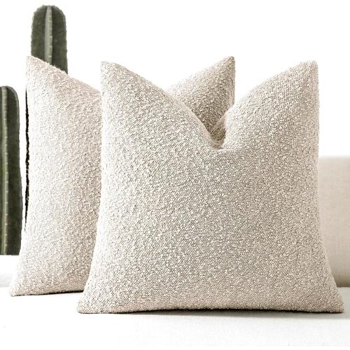 Boucle Decorative Throw Pillow Covers for Couch Set of 2, 16x16 inches, Beige