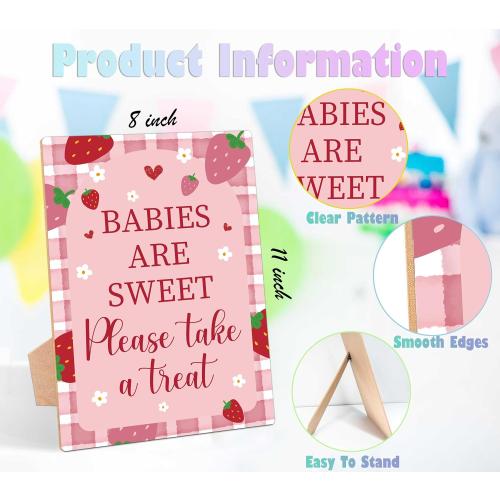 Strawberry Baby Shower Table Sign, Babies Are Sweet Please Take a Treat Sign, Pack of 1 Wooden Tabletop Sign with Stand, Berry Baby Shower Supplies, Gender Reveal Party Decorations - RG57