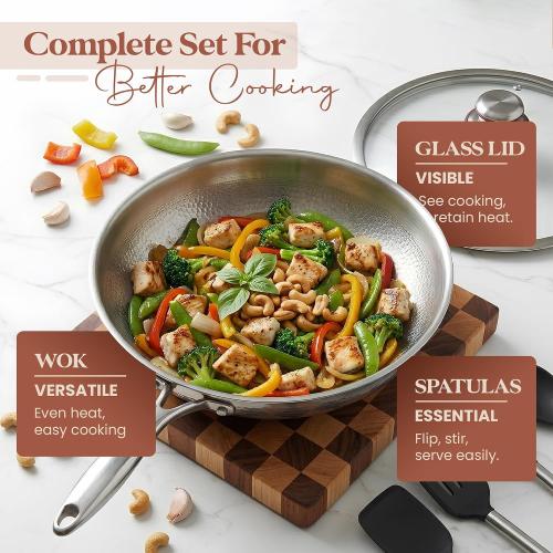 Titanium Frying Pan, Hammered Non-Stick Skillet with Glass Lid & 4 Spatulas, PFAS/PFOA/PTFE-Free, Tri-Ply Stainless Steel, Induction & Oven Safe, Dishwasher Safe Cookware