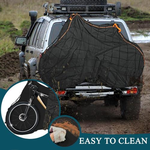 Bike Cover for Transport on Rack for 2 Bikes - Heavy Duty Oxford 600D Bicycle Cover - on Rear Bike Rack with Adjustable Cargo Net for Resistance to Tearing Waterproof Bike Rack Cover