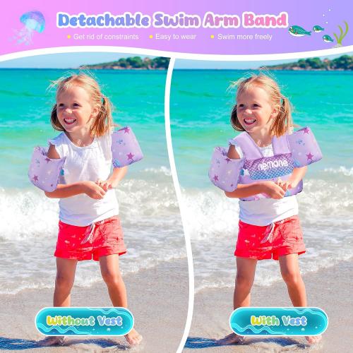 Purple Nemone Toddler Swim Vest for 22-70 lbs Kids Floaties Swim Jacket with Arm Water Wings for Girls Boys 1 2 3 4 5 6 7 Years Old Beach Pool 20 30 40 50 60 66 Pounds Puddle Jumper