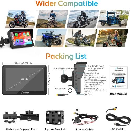 Carpuride W502PRO for Motorcycle CarPlay& Android Auto& Dual Bluetooth - 5 Waterproof GPS Navigation Screen for Motorbike, Music Sharing, Intercom, EQ, Light Sensor, Compass, Barometer