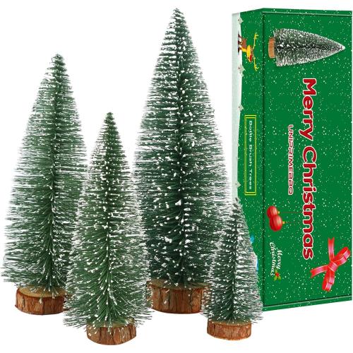 Mini Christmas Tree, Small Pine Tree with Wooden Bases for Xmas Holiday Party Home Tabletop Tree Decor (Green 4pcs)