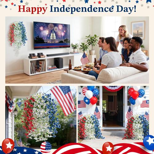 Lewondr 4th of July Artificial Hanging Flowers Plants for Outdoor, 3 PCS | Faux Silk Memorial Day Plants, 30'' Red White Blue UV-Resistant Flower, for Independence Veterans Porch Patio Yard Decor