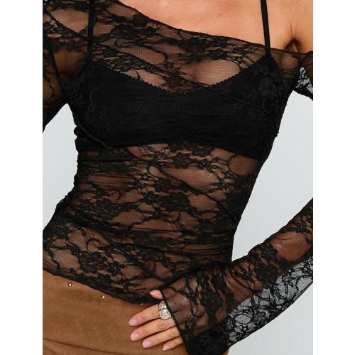 Womens Off The Shoulder Tops Lace Mesh Long Sleeve size M