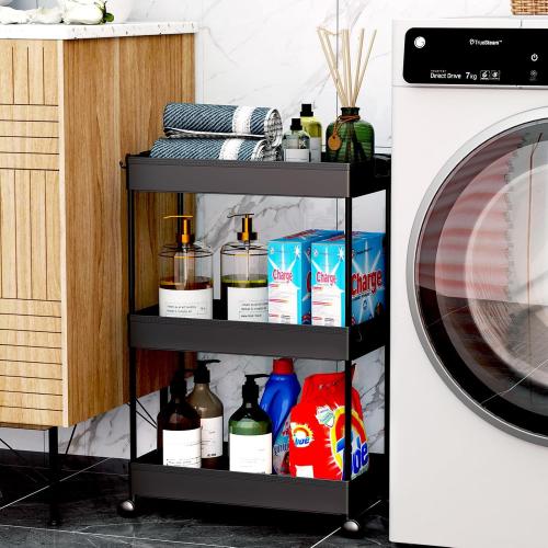 SPACEKEEPER Rolling Storage Cart 3 Tier Bathroom Cart Organizers with Wheels Laundry Room Organization Mobile Shelving Unit Utility Cart Storage Shelves Multi-Functional for Office, Home, Black
