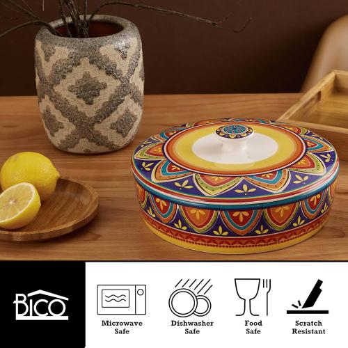 Bico Tunisian Ceramic Tortilla Warmer, 8.9 Inch Tortilla Holder with Lid for Taco Bread Pancake for Mexican Night and Party, Microwave and Dishwasher Safe