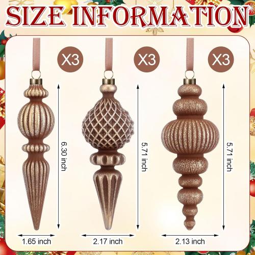 Yunlly 9 Pcs Neutral Christmas Ornaments Textured Christmas Tree Decor with Hanging Loop Modern Brown Hanging Finial Ornaments Shatterproof Home Decor for Xmas Vintage Rustic Farmhouse (Retro Color)