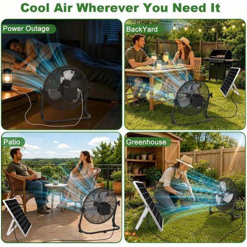 DIRTY AND USED !!!! 12 Solar Powered Floor Fan, Rechargeable Battery Operated Floor Fans with USB&Type C Output, 4.5-27H Runtime, Quiet Cordless Outdoor Fan for Outside Camping Greenhouse Shed Power Outage