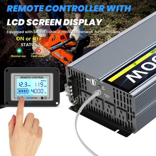 12V 4000W Pure Sine Wave Inverter 12V DC to 110V/120V AC Converter with 4AC Outlets, 5V/3.4A USB, Remote Control with on-Screen Display, Off-Grid Solar Power Inverter for Truck, Home, Vehicles, RV