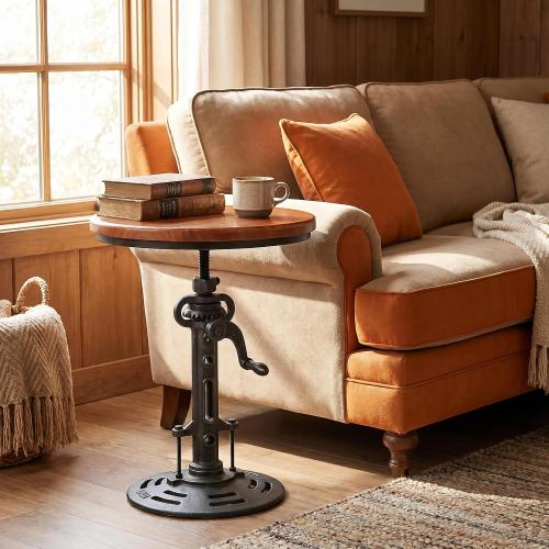 Topower Industrial Retro Side Table end Table Antique Mechanic DIY Crank Height Ajustable Cast Iron Base Table Farmhouse Accent End Table Silver