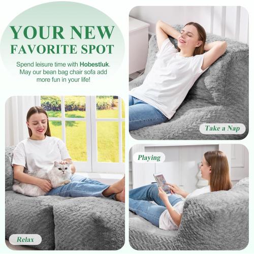 Hobestluk Bean Bag Chair Big Bean Bag Lounger for Adults Bean Bag Couch with Memory Foam Filled for Living Room, Bedroom or Balcony (Chevron Plush Grey)