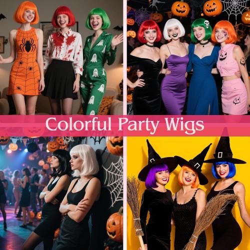 PLULON Pink Blue Yellow Bob Wig with Heart Sunglasses Hair Cap, Colorful Short Bob Wigs Synthetic Party Wigs Funny Cosplay Hairpieces for Women Daily Bachelorette Halloween Costume Party Decorations