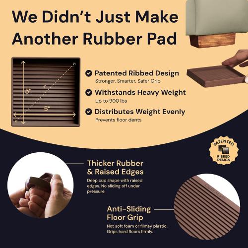CasterMaster Square Rubber Furniture Pads - 4-Pack, Brown, 5in x 5in - Non Slip Furniture Pads for Hardwood Floors - Floor Protectors for Chairs & Rubber Feet - Stoppers to Prevent Sliding