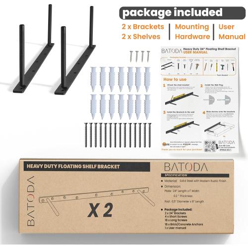 BATODA 24 Heavy Duty Floating Shelf Bracket (2 pcs) – Solid Steel Blind Shelf Supports - Hidden Brackets for Floating Wood Shelves - Blind Shelf Support - Shelving Mounting Hardware Included(Pack 2)