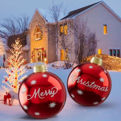 2 Pcs Christmas Inflatable Balls, 24 Inch Outdoor Decorative PVC Ball, Xmas Blow Up Jumbo Ball for Indoor, Giant Ornaments Outside Holiday Yard Lawn Decor (Merry Christmas)