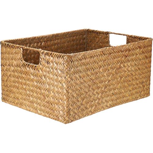 Hipiwe Seagrass Storage Baskets Bin for Shelf,  Handwoven Wicker Baskets Built-in Handles Rectangular Closet Bedroom Organizer Box Multipurpose Pantry Basket,Caramel Color