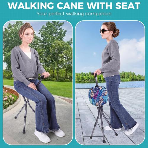 ENLUNTRA Portable Adjustable Folding Walking Cane with Seat and Cushion，Cane seat for Seniors with Magnetic Massage Handle, Lightweight Walking Cane with LED Light，Supports up to 330 Pounds