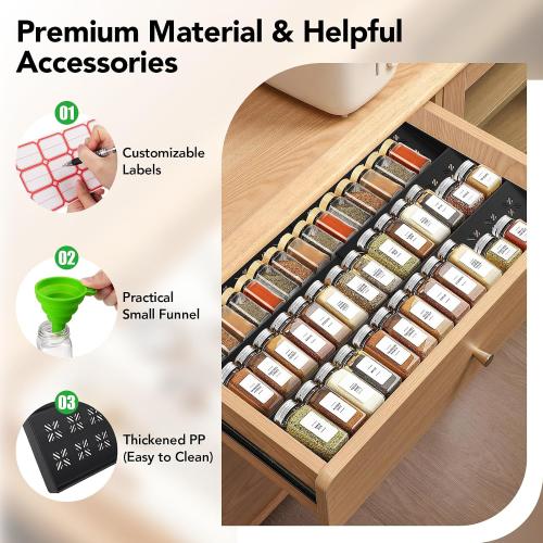 Spice Drawer Organizer 3-Tier Expandable (11-22 Wide), Spice Rack for Cabinet with Funnel & Spice Labels, Fits Large Jars, Seasoning Storage Insert Design for Cabinet & Drawer (Black)