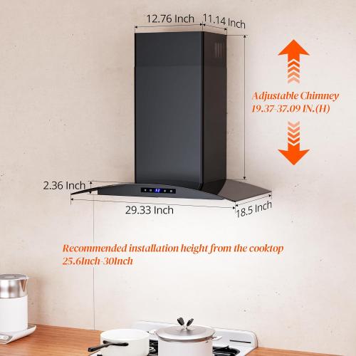 FIREGAS Range Hood 30 inch, 600 CFM Wall Mount Glass Kitchen Hood Ducted/Ductless Convertible with 3-Speed Fan, Screen Control, Time Setting, LED Lights, Black Painted Stainless Steel Vent Hood