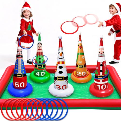 16 PCS Christmas Ring Toss Game Set for Kids Adults Santa Snowmen Elf Reindeer Nutcrackers Inflatable Christmas Games Family Toys for Home Xmas Carnival Party Supplies Favors Indoor Outdoor Decoration