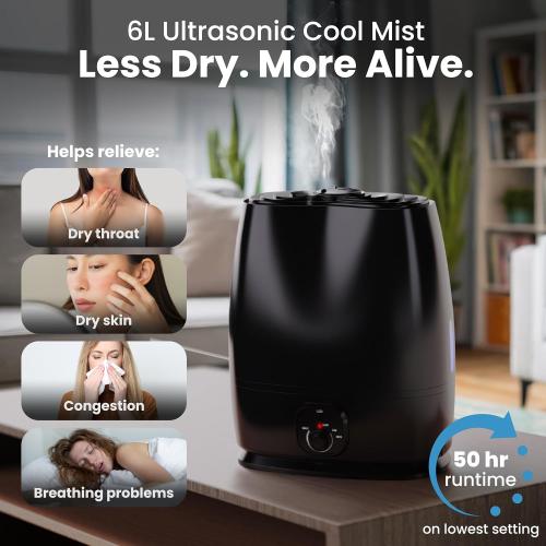 Everlasting Comfort 6L Humidifiers for Bedroom, Quiet 50HR Runtime No-Filter Supersized Cool Mist Humidifier Large Room for Whole House, Plants, Baby Nursery, Allergies, Dry Skin, Congestion, Indoor