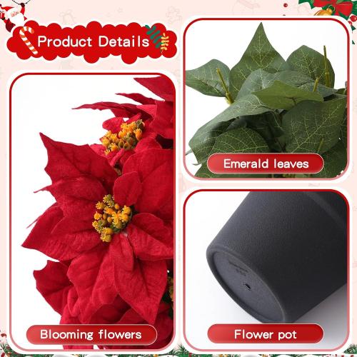 16“ Artificial Poinsettias Flowers for Outdoors Red Faux Christmas Poinsettia Plant 11 Heads Winter Flowers for Front Porch Garden Yard Patio Decor