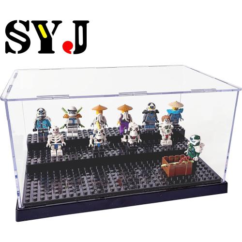Acrylic Display Case for Figures Dustproof, Clear Display Box with Building Base, Collection Bricks Storage Blocks Aciton Figure Showcase(Black)