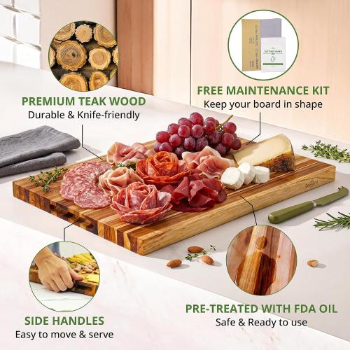 BEEFURNI Teak Wood Cutting Board without Juice Groove (L, 22x16x1.25), Large Wooden Cutting Boards for Kitchen, Chopping Board Wood, Butcher Block, Charcuterie Board, Gift Box Included