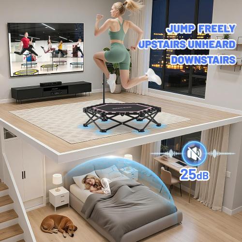 HXD-ERGO 42'' Foldable Mini Trampoline, Rebounder Trampoline with Adjustable Foam Handle, Fitness Trampoline for Indoor, Outdoor, Home Gym, Max Load 460lbs