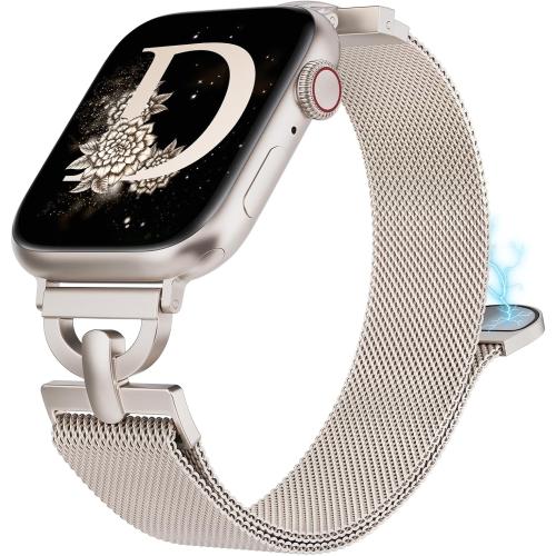Stainless Steel Magnetic Loop Compatible with Apple Watch Band 38mm 40mm 41mm 42mm Women Metal Mesh D-shaped Clasp Strap for iWatch SE Series 10/9/8/7/6/5/4/3/2/1/Ultra(1/2) Starlight