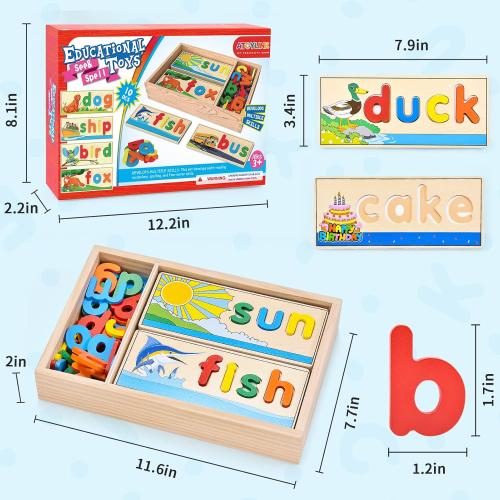 Atoylink Wooden Spell Learning Toys for 2 3 4 5 Year Old Kids Match Letter Spelling Game Board & Letters & Box, CVC Word Builder Toddler Educational Toy Kindergarten Preschool Learning Activities