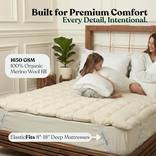 Organic Merino Wool Mattress Topper 1650 GSM - Pillow Top Mattress Pad, Handmade, Non-Toxic, Cooling and Hypoallergenic Wool Topper for Back Pain Relief (Queen)