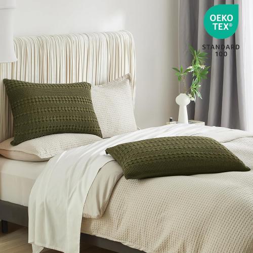 PHF 100% Cotton Waffle Pillow Shams King Size, 2 Pack 20 x 36 Soft Skin-Friendly Pillowcases, No Filling, Aesthetic Woven and Breathable Waffle Weave Pillow Case Covers for Bed, Capulet Olive