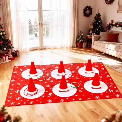 Leitee 46 Pcs Christmas Ring Toss Game Santa Hat Ring Toss Carnival Games for Adults 6 Plastic Cones 30 Rings 1 Cloth Mat 6 Plush Balls 2 Plush Strips and Glue for Christmas Party
