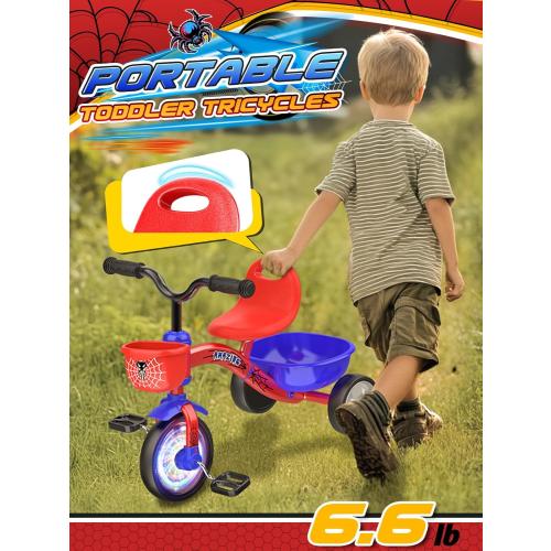 Tricycle for Toddlers 1-3 3-5 Year Olds, Spider Toddler Bike Baby Balance Bike with Colorful Lighting Wheels & Large Basket, Birthday Gift and Toy for 1 2 3 4 5 Year Olds Boys and Girls