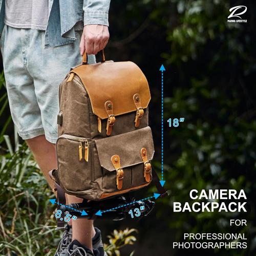 Padwa Lifestyle Khaki Camera Backpack - Waxed Memory Canvas Camera Bag, Multi DSLR SLR Large Camera Backpacks for Photographers with 16” Laptop & Lens Compartment and Tripod Holder & Weather Resistant