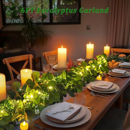 N&T NIETING 1 Pack Artificial Eucalyptus Garland with Lights, 6FT Artificial Greenery Garlands, Battery Operated Twig Vine for Room Stairs Mantle Wedding Holiday Easter Decoration Indoor Outdoor
