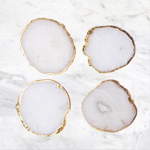 White Natural Sliced Agate Coasters Set of 4 Brazilian Natural Gemstone Coasters with Gold Rim