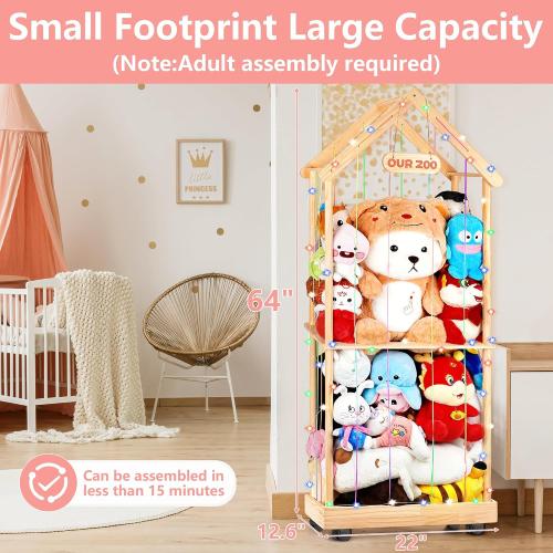 Stuffed Animal Storage Toy Storage Organizer – Doodleable Wooden Stuffed Animal Holder with LED Light, 360° Swivel Wheels for Nursery Playroom Bedroom Kids Room