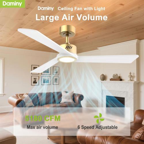 DAMINY Natural Solid Wood White and Gold 52 inch Ceiling Fan with Light,3 Blades,6CCT,Low Profile Ceiling Fan with Light and Remote Control