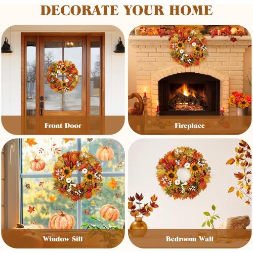 Fall Wreath for Front Door, 22-24 Autumn Wreath with Sunflower, Pumpkin, Berry. Artificial Home Decorations for Indoor Outdoor Window Wall Porch,UV Resistant Seasonal Decor for Thanksgiving Halloween