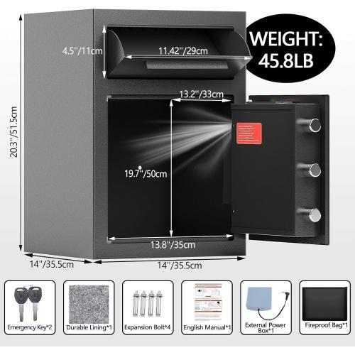 2.8 CUB Drop Safe for Business, Electronic Safe Box with Digital Combination and Anti-Fishing, Depository Safes with Fireproof Waterproof Document Bag, Security Safe for Slips Expense Office Home