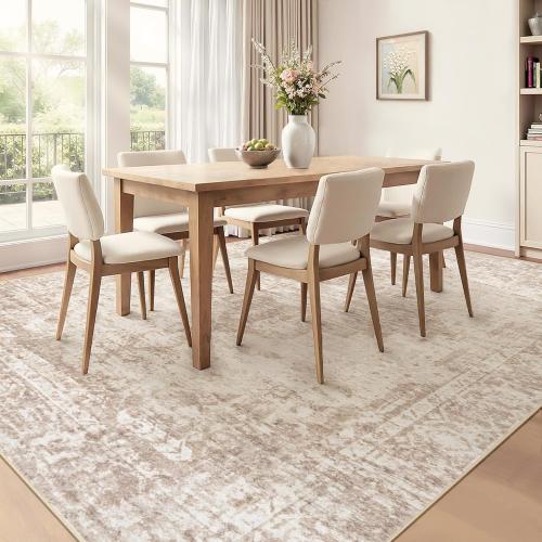 Area Rugs 9x12 Living Room: Large Vintage Living Room Rug with Non-Slip Backing Low Pile Rugs Soft Indoor Floor Thin Carpet Neutral Carpets for Bedroom Dining Room Farmhouse Nursery Brown/Cream