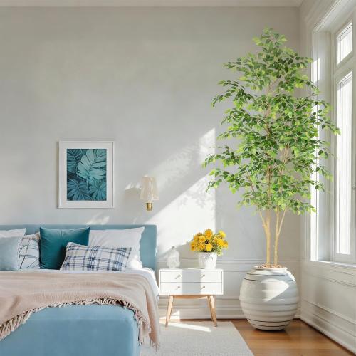 Nafresh Tall UV Resistant Ficus Tree Artificial，8ft(96in) Realistic Texture Potted Faux Ficus Tree， Fake Trees Indoor Outdoor for Home Office Living Room Bedroom Foyer Porch Decor.