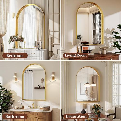 20 x 30 Luxury Arched Bathroom Mirror - Arch Wall Mirror with Shatterproof Tempered Glass and Metal Deep Frame, Hanging or Leaning for Living Room, Dresser, Entrance and Hallway, Gold