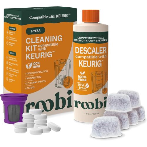 Keurig Compatible Descaling Solution & Cleaning Kit. Includes 1 Bottle of Keurig Descaler, 12 Cleaning Tablets, 1 Reusable Pod and 6 Water Filters. Carbon Neutral. 1 Year Supply.