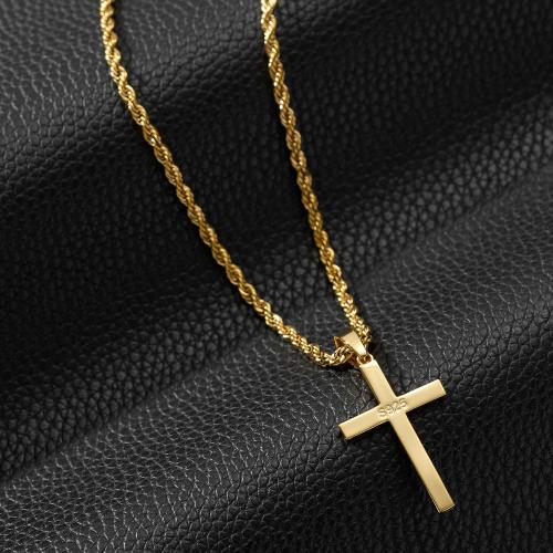 SWEETV 18K Gold Over 925 Sterling Silver Cross Necklace for Men/Women, Stainless Steel Cuban/Rope Chain Cross Pendant 18-24 inch, Religious Jewelry Gifts for Men