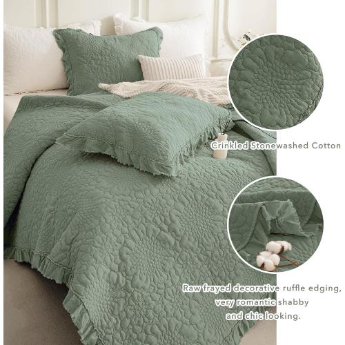 QSH Green Stonewashed Cotton Oversized King Quilt Bedspread Set(128x120),3PCs Farmhouse Ruffled Bedspread California King,Ultra Soft Lightweight Crinkled Quilt Coverlet Set with Pillow Shams